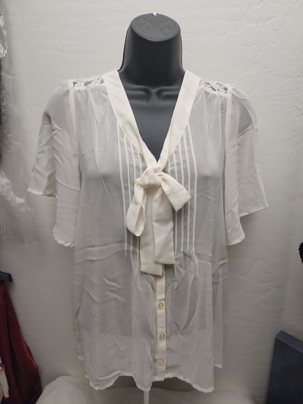 Forever 21 Ivory Tie-Neck Sheer Blouse